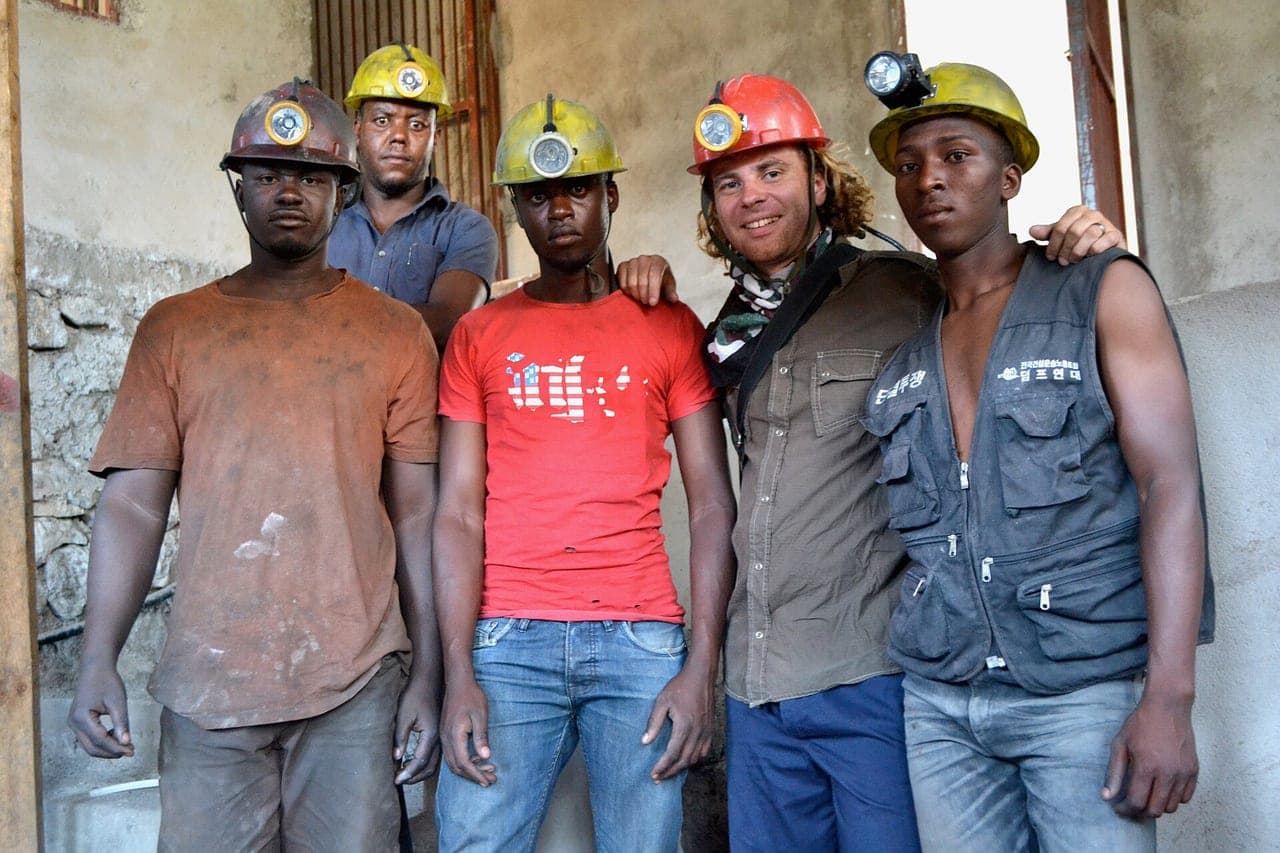 Miners preparing to descend a mineshaft at a tanzanite mine in Tanzania
