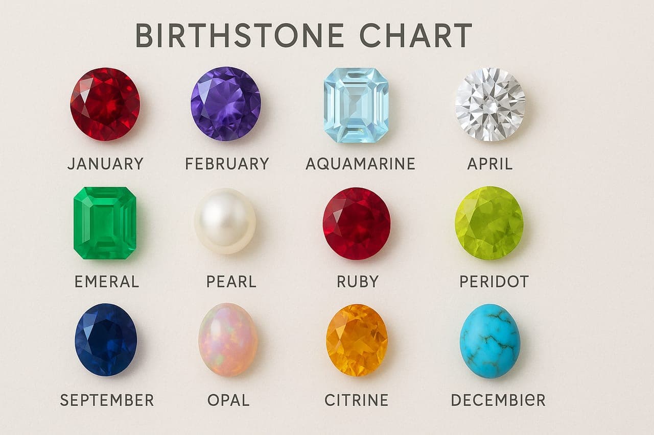 An illustrated birthstone chart — twelve cut gemstones arranged in a grid, each labelled, including garnet, amethyst, aquamarine, diamond, emerald, pearl, ruby, peridot, sapphire, opal, citrine and turquoise