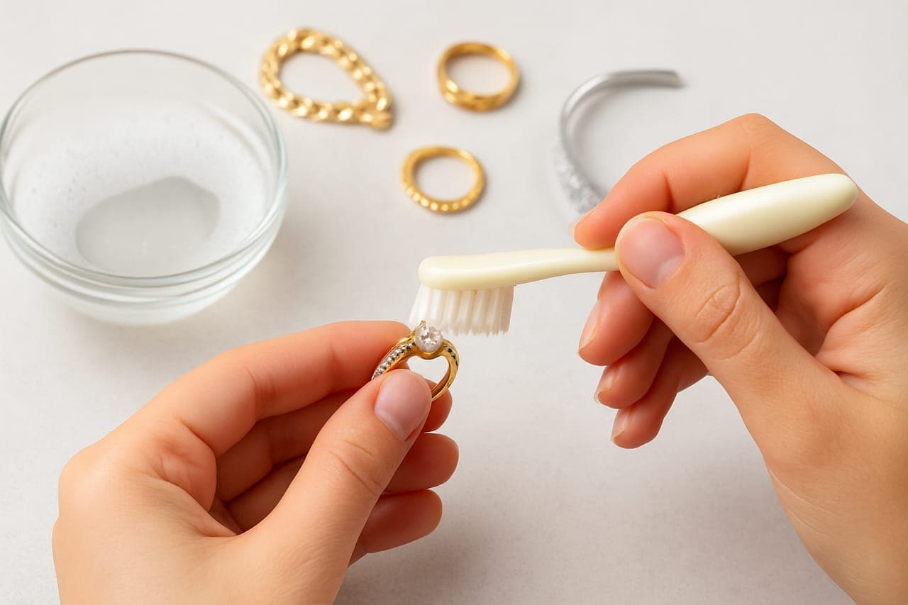 Hands cleaning a diamond solitaire ring with a soft toothbrush beside a bowl of soapy water, gold rings and a bangle resting nearby