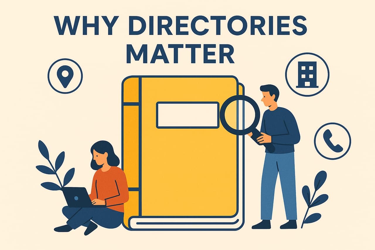 Illustration of two people with a large directory book — one searching on a laptop, one holding a magnifying glass — ringed by location-pin, building and phone icons