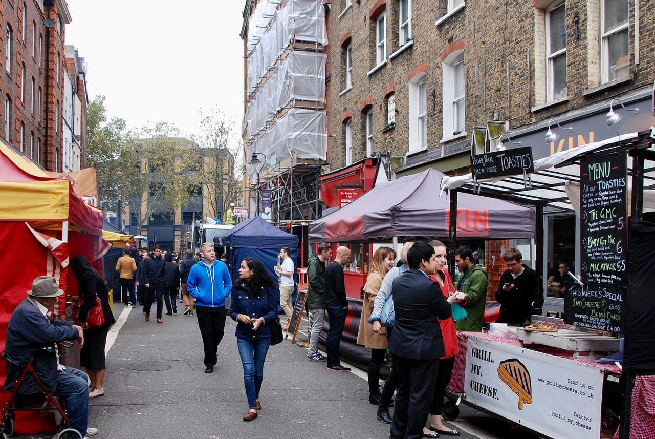 Leather Lane market — the street market stalls running alongside Hatton Garden
