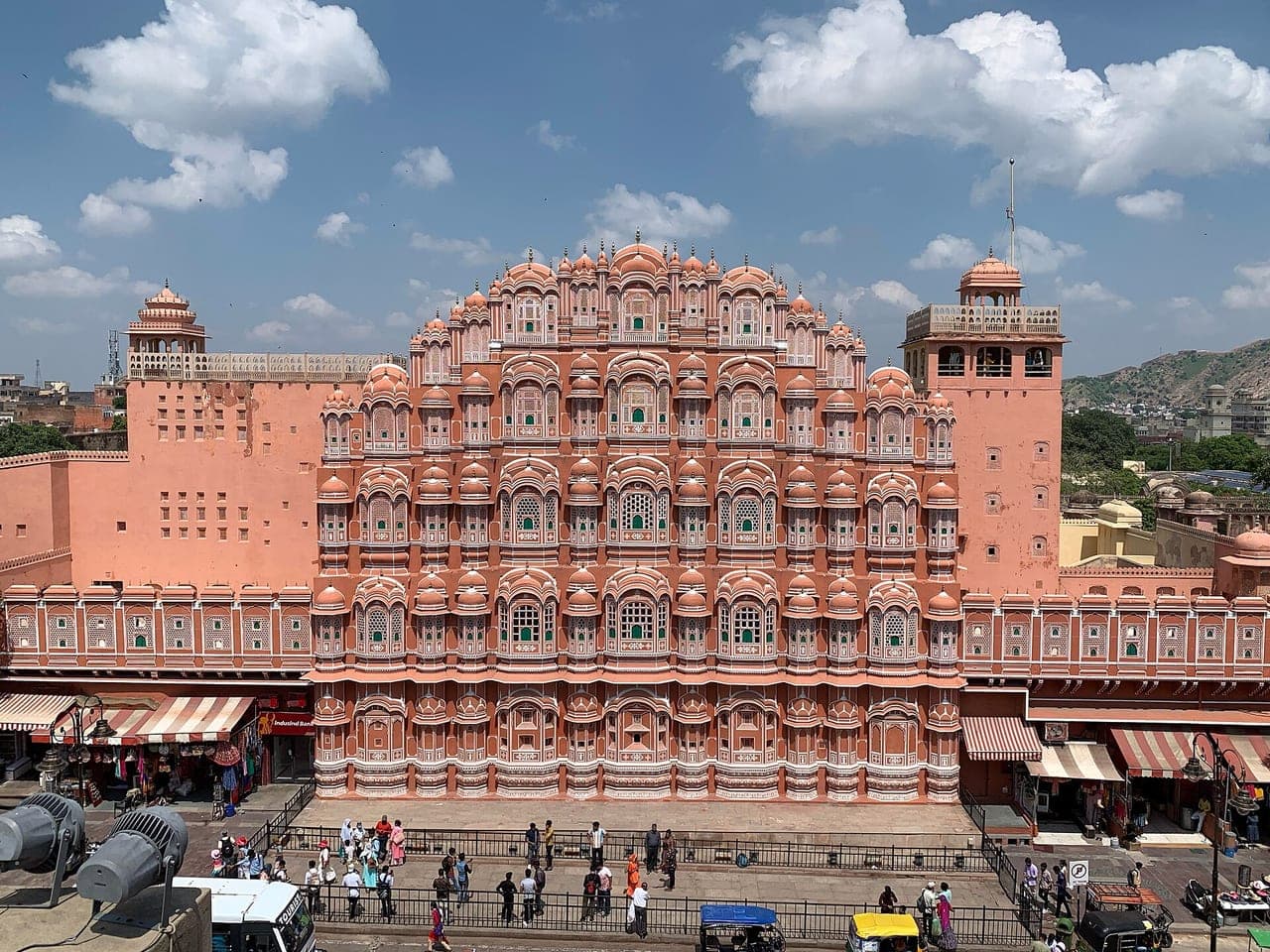 The Hawa Mahal (Palace of Winds) — its honeycomb pink-sandstone façade, the orientation landmark at the bazaar's north end
