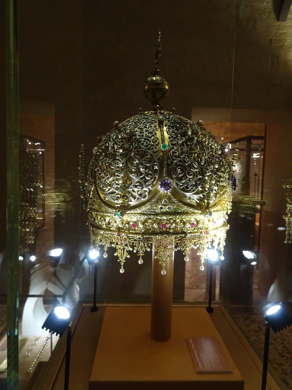 Gold filigree jewelled crown on display in the Museo del Gioiello, Vicenza