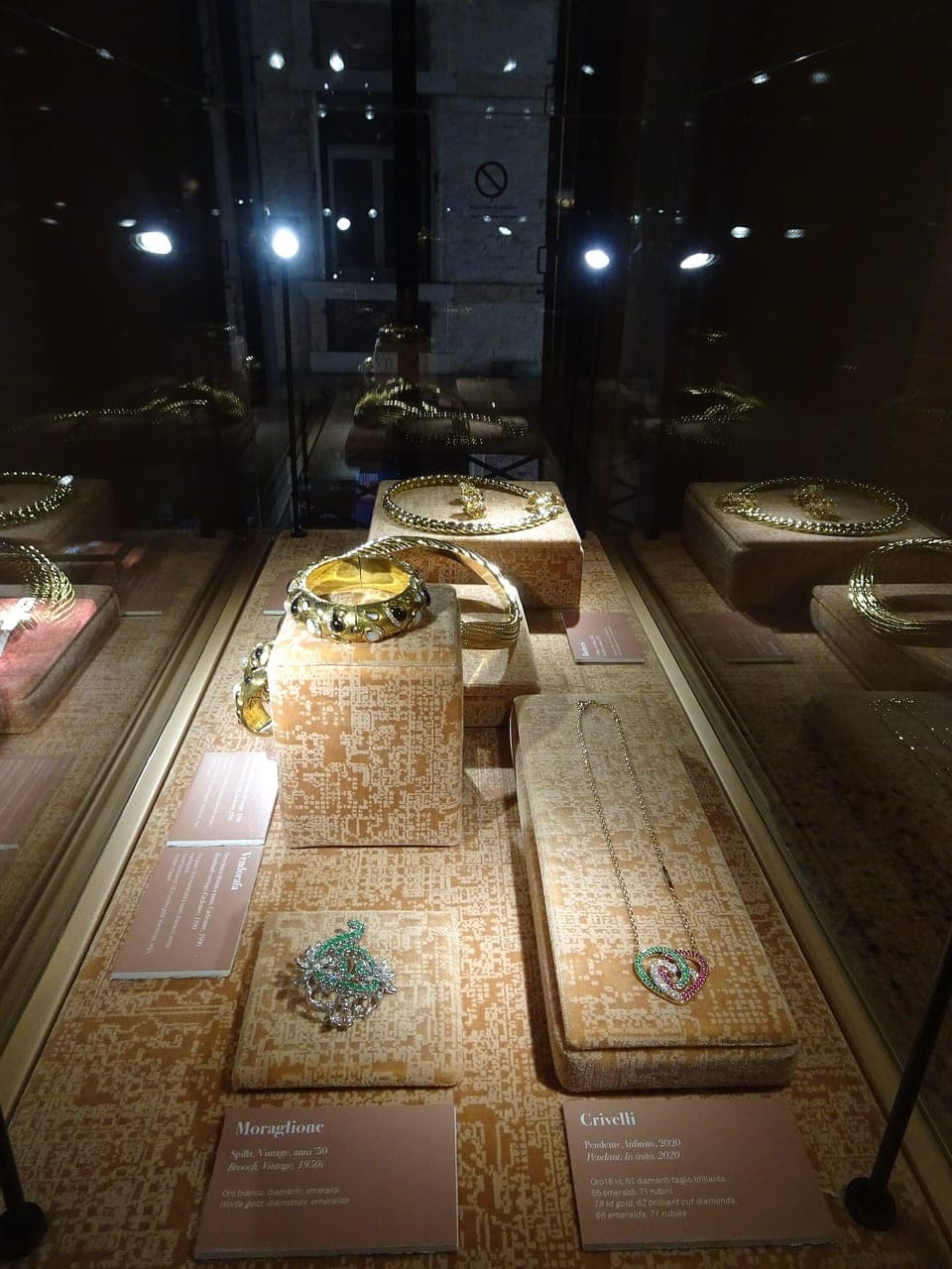 Contemporary Italian gold jewellery on display inside the Museo del Gioiello, Vicenza