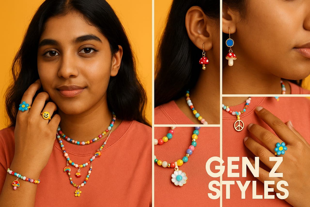 A collage of playful Gen Z pieces — colourful beaded necklaces and bracelets with mushroom, flower, rainbow and peace-sign charms, plus enamel flower and smiley-face rings