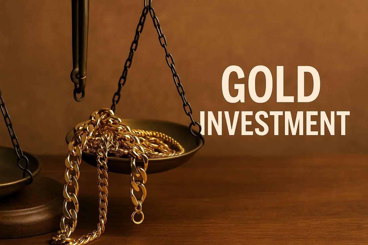 Gold curb-link chains heaped on the brass pan of a balance scale, weighing jewellery as bullion