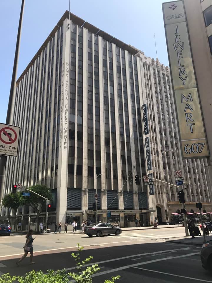 California Jewelry Mart building exterior at 607 S Hill Street with distinctive vertical striping and signage