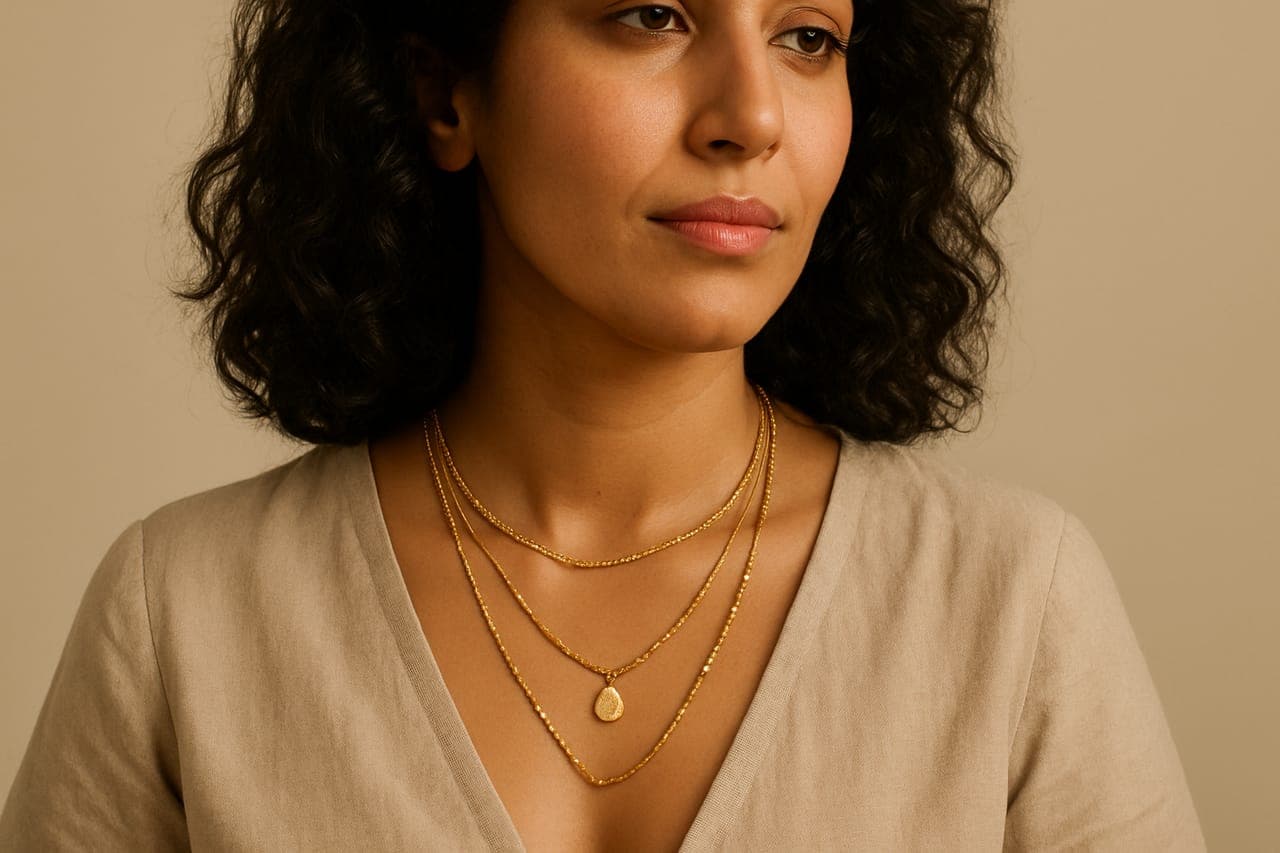 A woman in a beige linen top wearing three layered fine gold chains at graduated lengths, the shortest carrying a small teardrop pendant