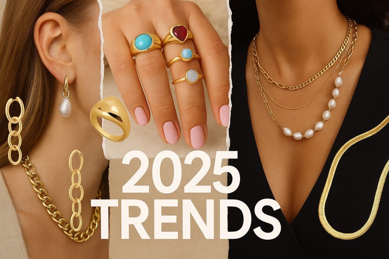 A collage of 2025 gold trends — chunky cabochon rings, a pearl-drop huggie earring, a dome ring, and layered gold chains with a freshwater-pearl necklace