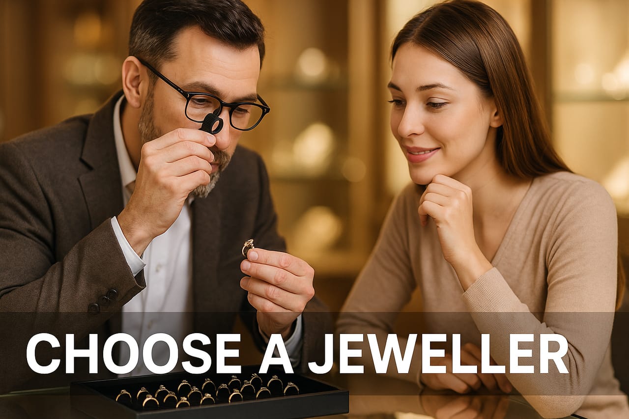 A jeweller inspects a gold ring through a loupe as a customer looks on, a tray of rings on the showroom counter