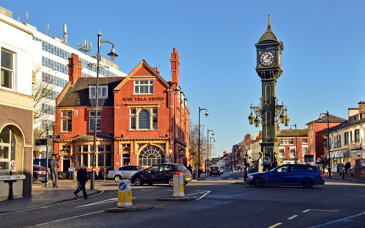 The Chamberlain Clock, the cast-iron landmark clock tower at the Vyse Street / Frederick Street crossroads