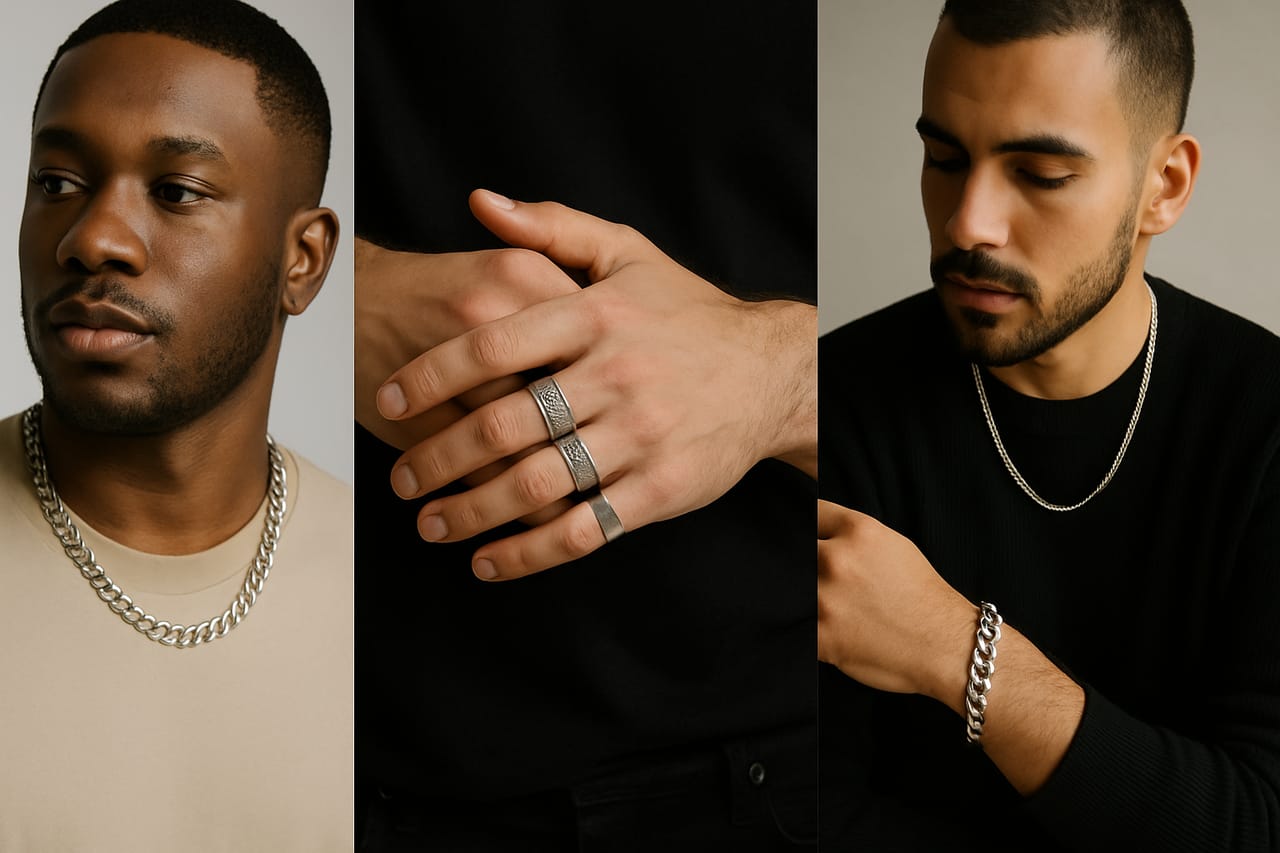 A triptych of men in black and neutral tops modelling minimalist silver — a chunky curb-link chain, two textured band rings and a heavy curb-link bracelet